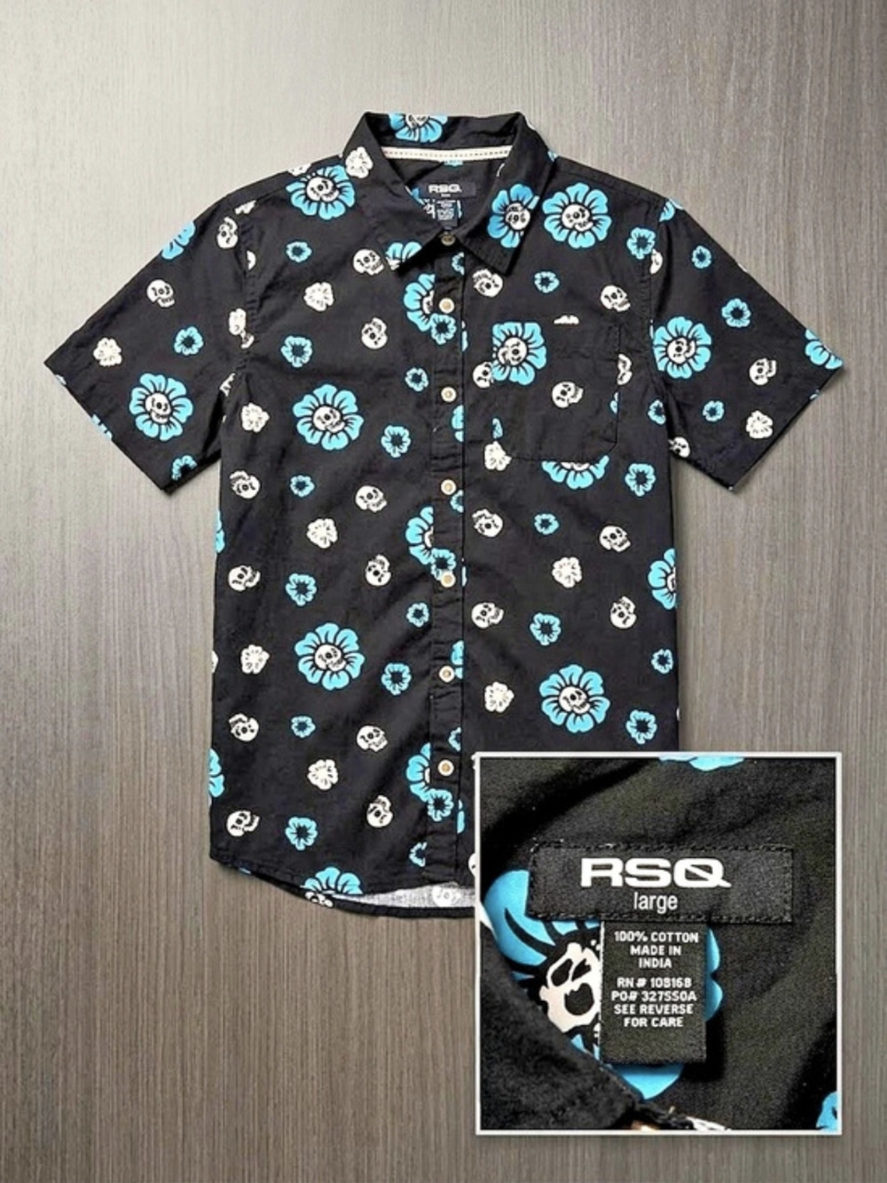 RSQ Floral Skull Button Up Shirt in Black & Blue Size Large Boys